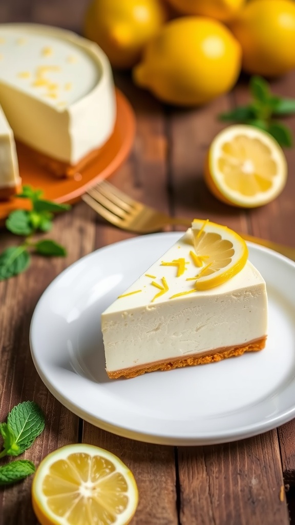 Slice of keto lemon cheesecake garnished with lemon zest and mint on a rustic wooden table.